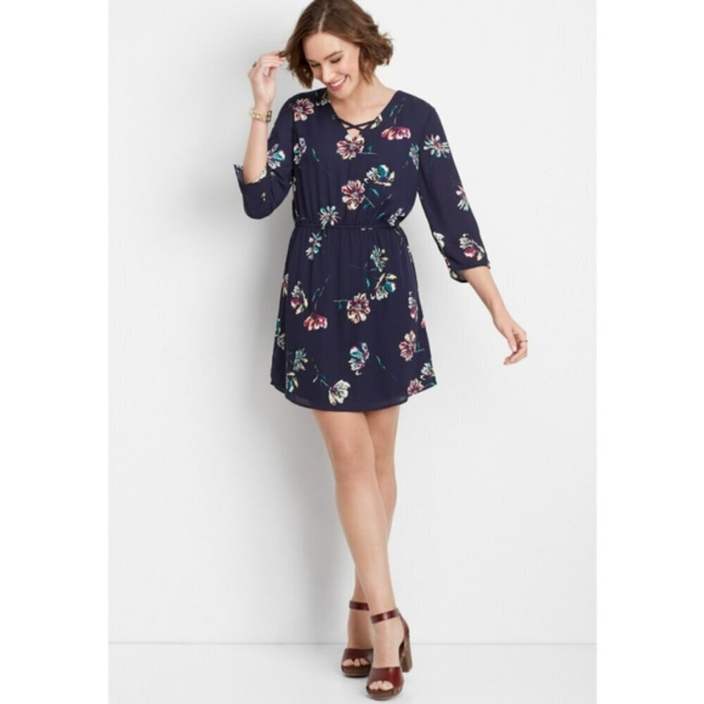 MAURICES Navy Floral Print Dress Size Large NWT